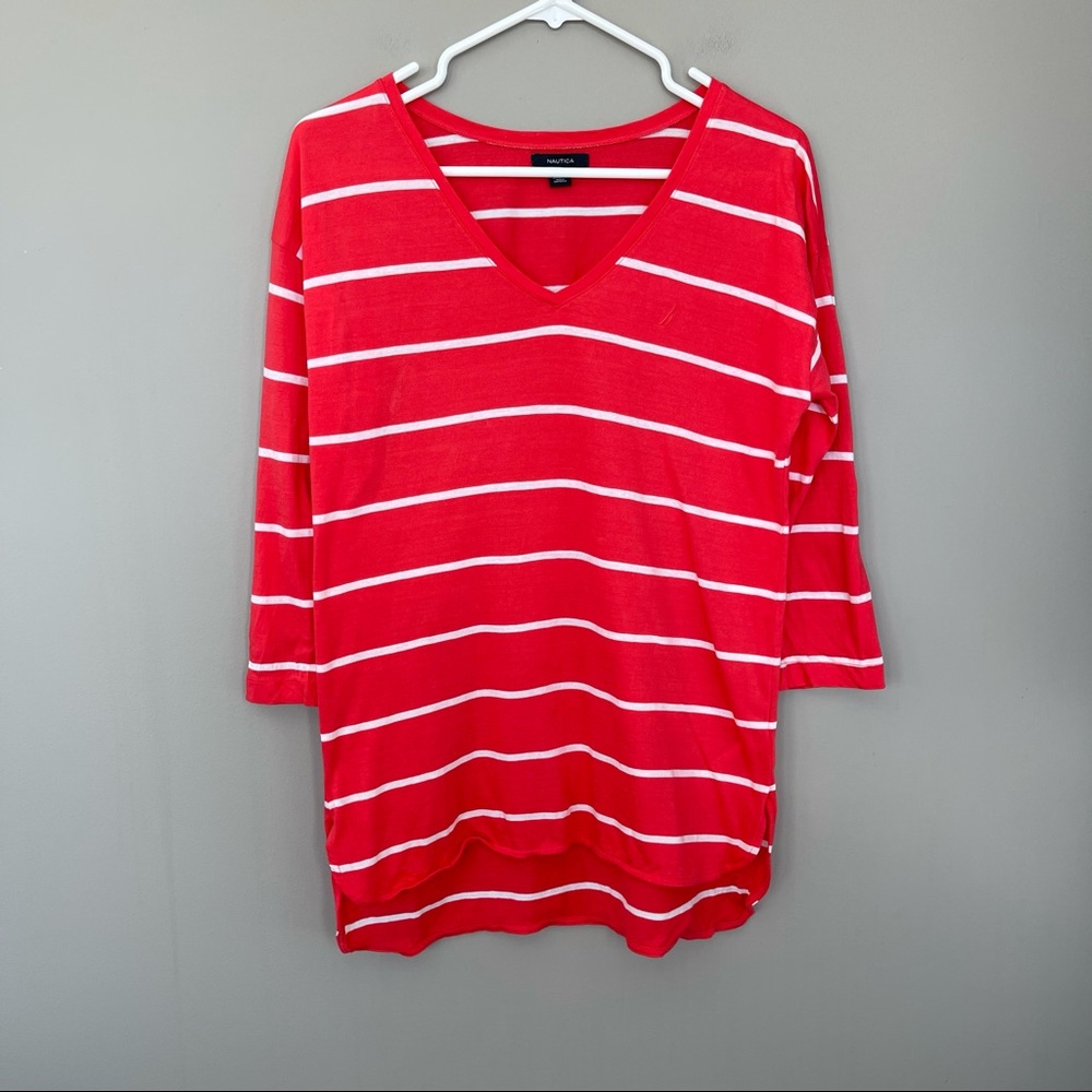 Nautica Coral/White Striped 3/4 Sleeve V-Neck M